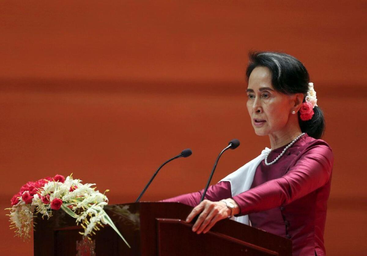 Aung San Suu Kyi delivers a televised speech to the nation at the Myanmar International Convention Center in Naypyidaw, Myanmar, on Sept. 19, 2017.