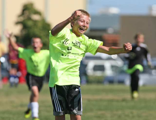 Mariners Connor Kincaid exults after defeating Whittier in boys 5-6 gold championship game in the Daily Pilot Cup Sunday. Kincaid's goal put the game away in the second half of play.
