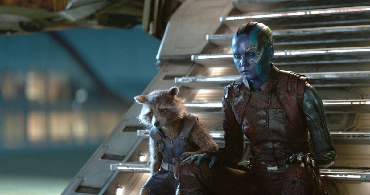 Rocket (voiced by Bradley Cooper) and Nebula (Karen Gillan) share a moment in "Avengers: Endgame." On set the raccoon is played by Sean Gunn, brother of "Guardians of the Galaxy" mastermind James Gunn.