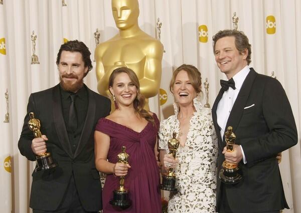 The four winners in the acting categories: Christian Bale (supporting actor for "The Fighter"), left, Natalie Portman (lead actress for "Black Swan), Melissa Leo (supporting actress for "The Fighter") and Colin Firth (lead actor for "The King's Speech").