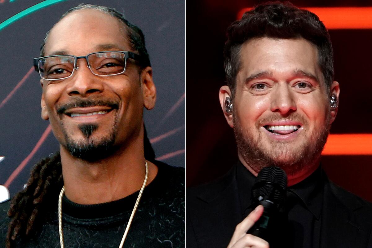 Separate images of Snoop Dogg smiling, left, and Michael Bublé holding a microphone