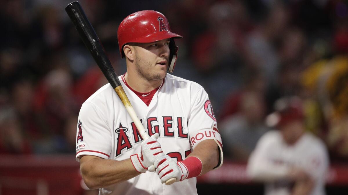 Angels center fielder Mike Trout makes his first plate appearance against the Milwaukee Brewers on Tuesday.