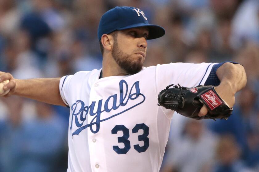 Kansas City Royals starter James Shields delivers a pitch during Game 3 of the American League division series against the Angels on Oct. 5.