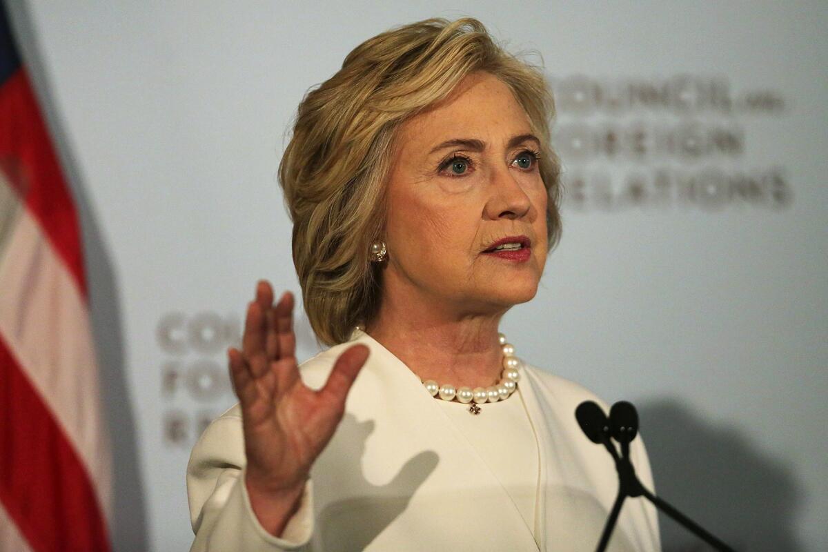 Hillary Clinton gives a speech on her approach to defeating the Islamic State terrorist network in Syria, Iraq and across the Middle East at the Council on Foreign Relations on Nov. 19 in New York City.
