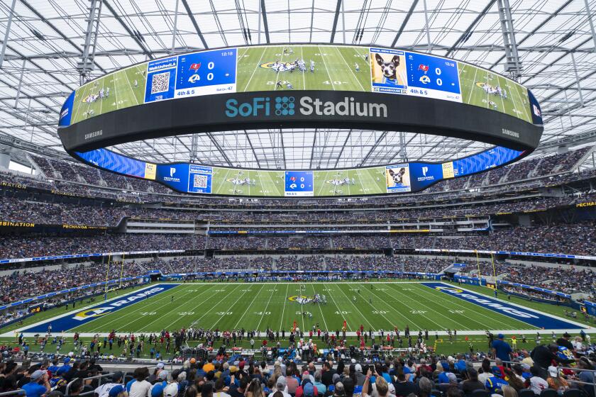 General overall interior view of SoFi Stadium as the Los Angeles Rams takes on the Tampa Bay Buccaneers in an NFL football game Sunday, Sept. 26, 2021, in Inglewood, Calif. (AP Photo/Kyusung Gong)