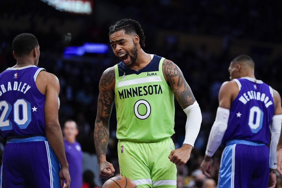 The Timberwolves' D'Angelo Russell celebrates a second-half basket against the Lakers on Nov. 12, 2021.