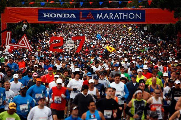 Runners begin the 2012 L.A. Marathon at Dodger Stadium.