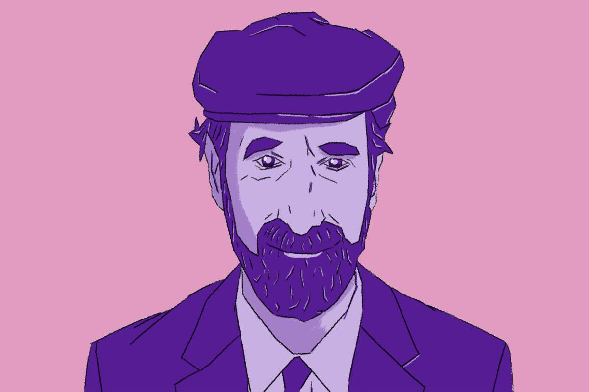 An illustration of Frederic Rzewski in pink and purple