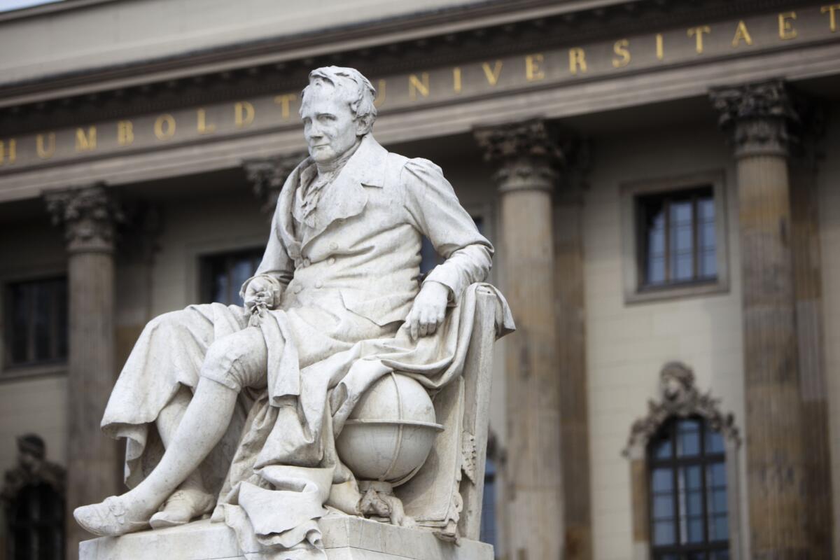The statue of German scientist Alexander von Humboldt in front of the main building of the Alexander von Humbolt University in central Berlin on April 27, 2011.