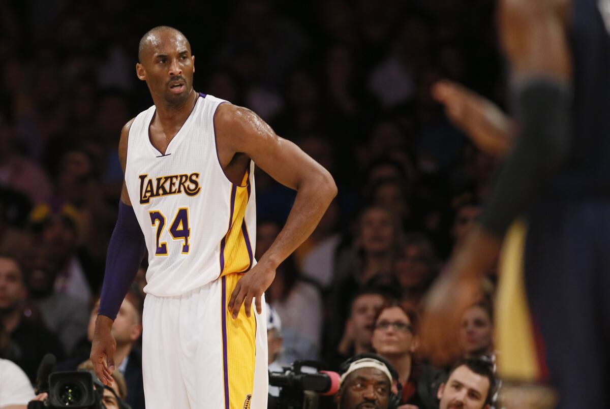 Lakers guard Kobe Bryant reacts after he was fouled in the first half.