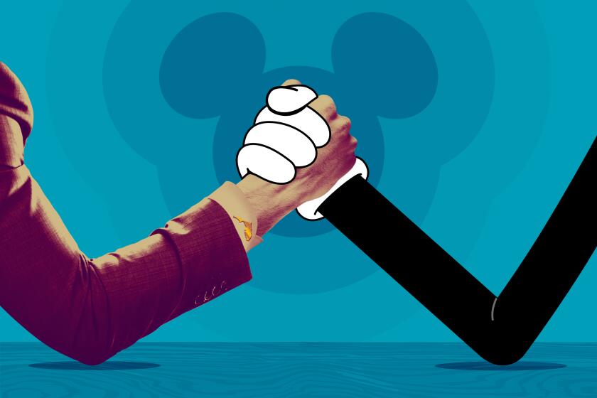 An illustration of Mickey arm wrestling with a man from Florida.