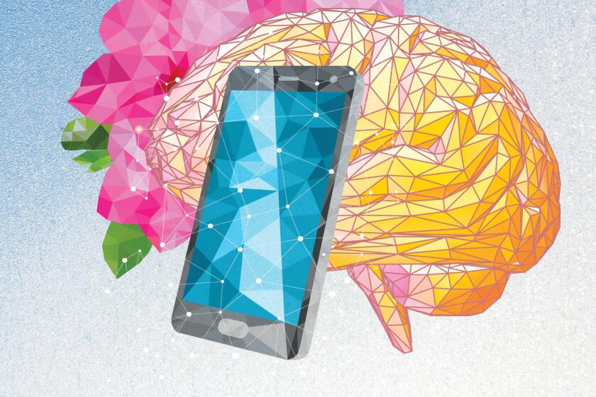 illustrated collage of brain, phone and flowers