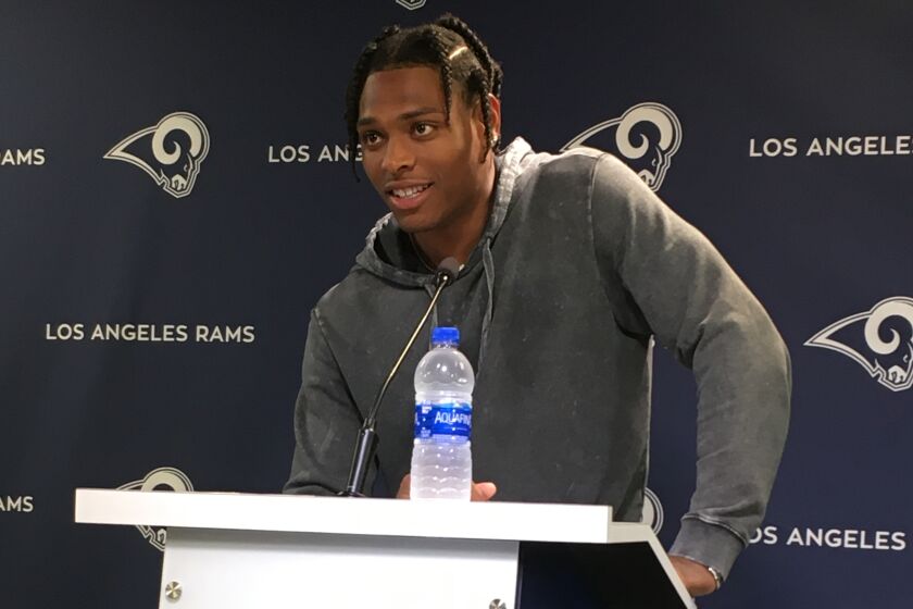 Rams cornerback Jalen Ramsey speaks at his introductory news conference on Oct. 16, 2019.