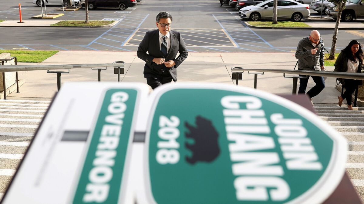 State Treasurer John Chiang arrives to file to run for governor of California at the Los Angeles County registrar's office in Norwalk on March 7.