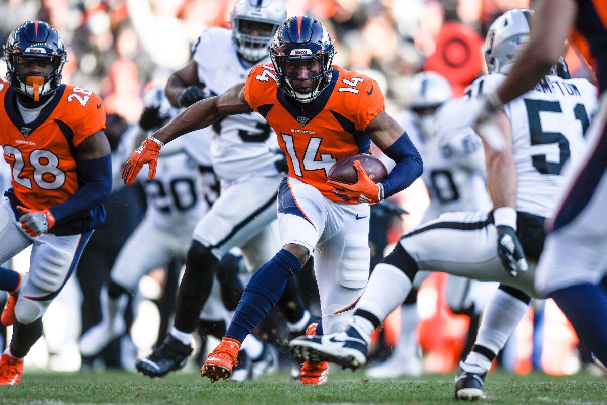 Denver Broncos wide receiver Courtland Sutton runs after a catch against the Oakland Raiders on Sunday.