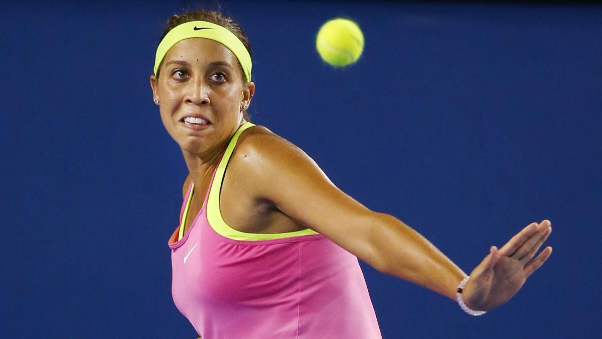 Madison Keys plays a forehand during her third-round upset over Petra Kvitova at the Australian Open on Saturday.