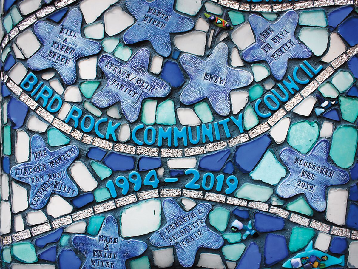 Names of Bird Rock benefactors are etched into the starfish of the mosaic-tile chair that commemorates the 25th anniversary of the Bird Rock Community Council (1994-2019). It was dedicated and installed in town on Thursday, Nov. 7, 2019.