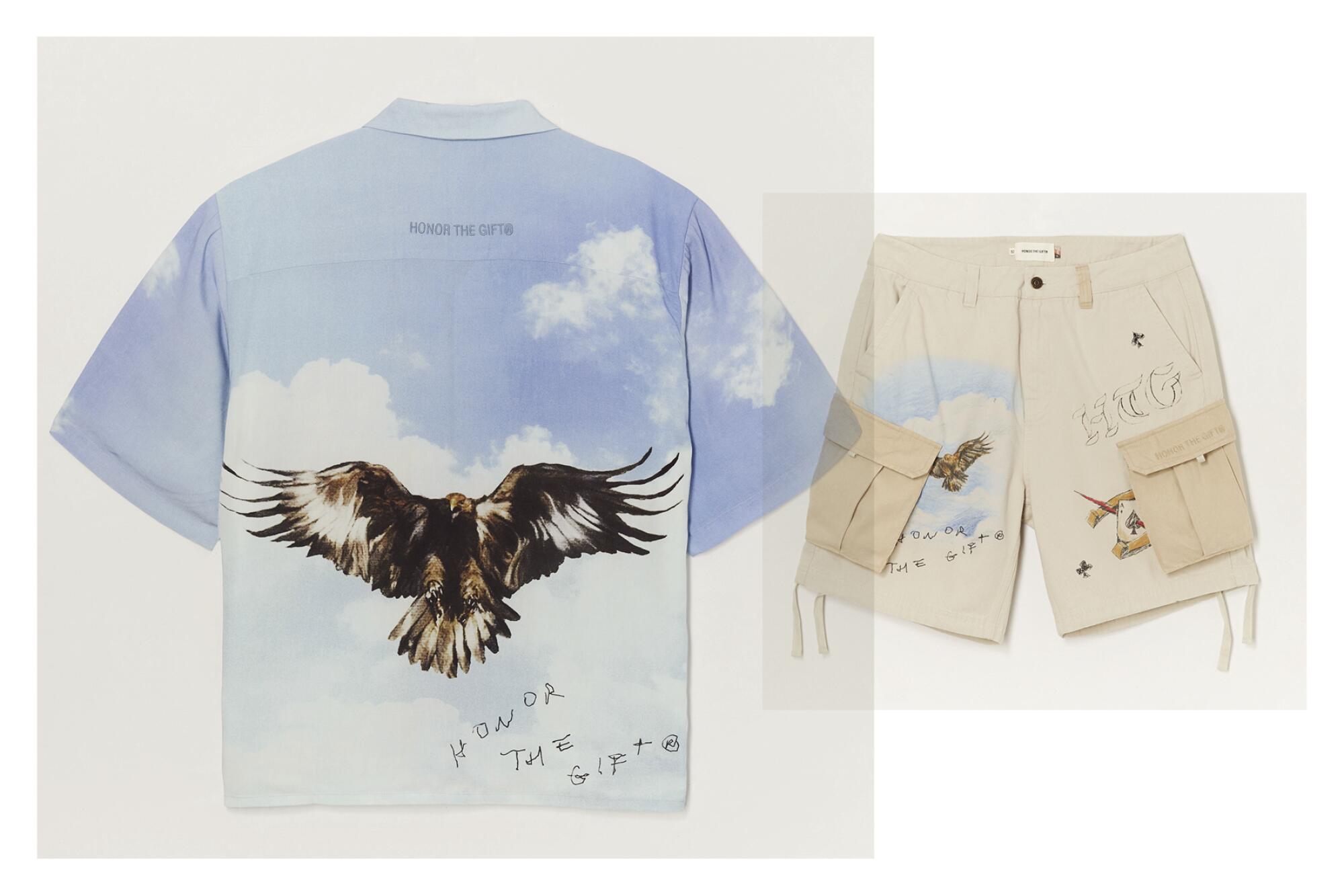 A shirt and shorts with designs featuring an eagle and the words "Honor the Gift" 