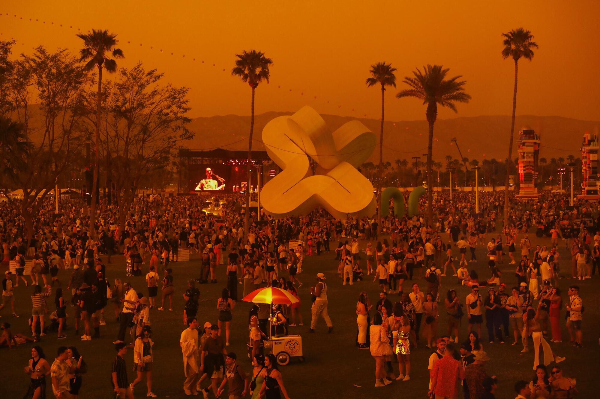 An orange-tinted photo of a crowd of people seen from a distance, mingling in a large, open field lined with palm trees