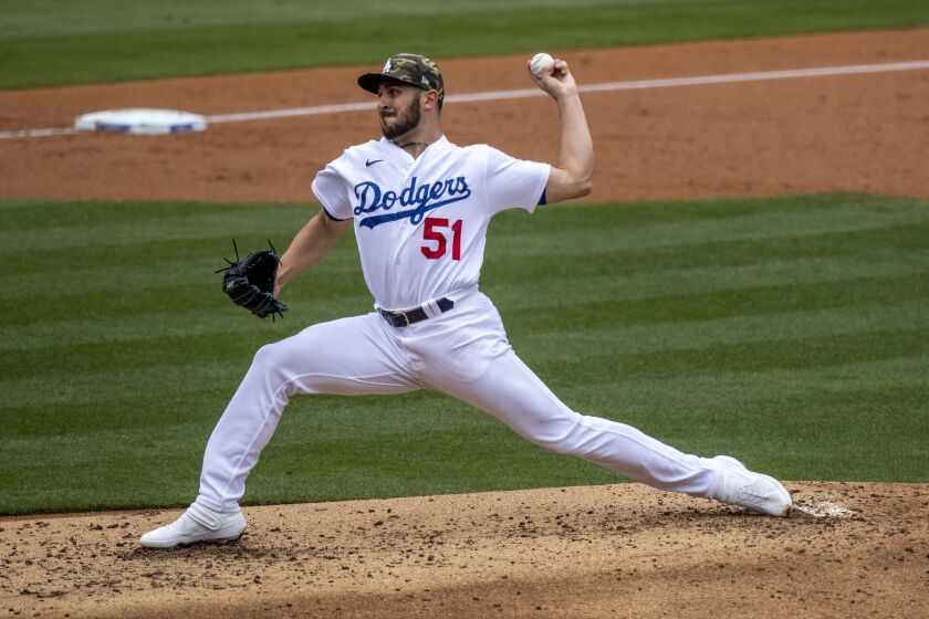 LOS ANGELES, CA - MAY 16: Dodgers Alex Vesia throws during game against the Miami Marlins at Dodger Stadium on Sunday, May 16, 2021 in Los Angeles, CA. (Brian van der Brug / Los Angeles Times)