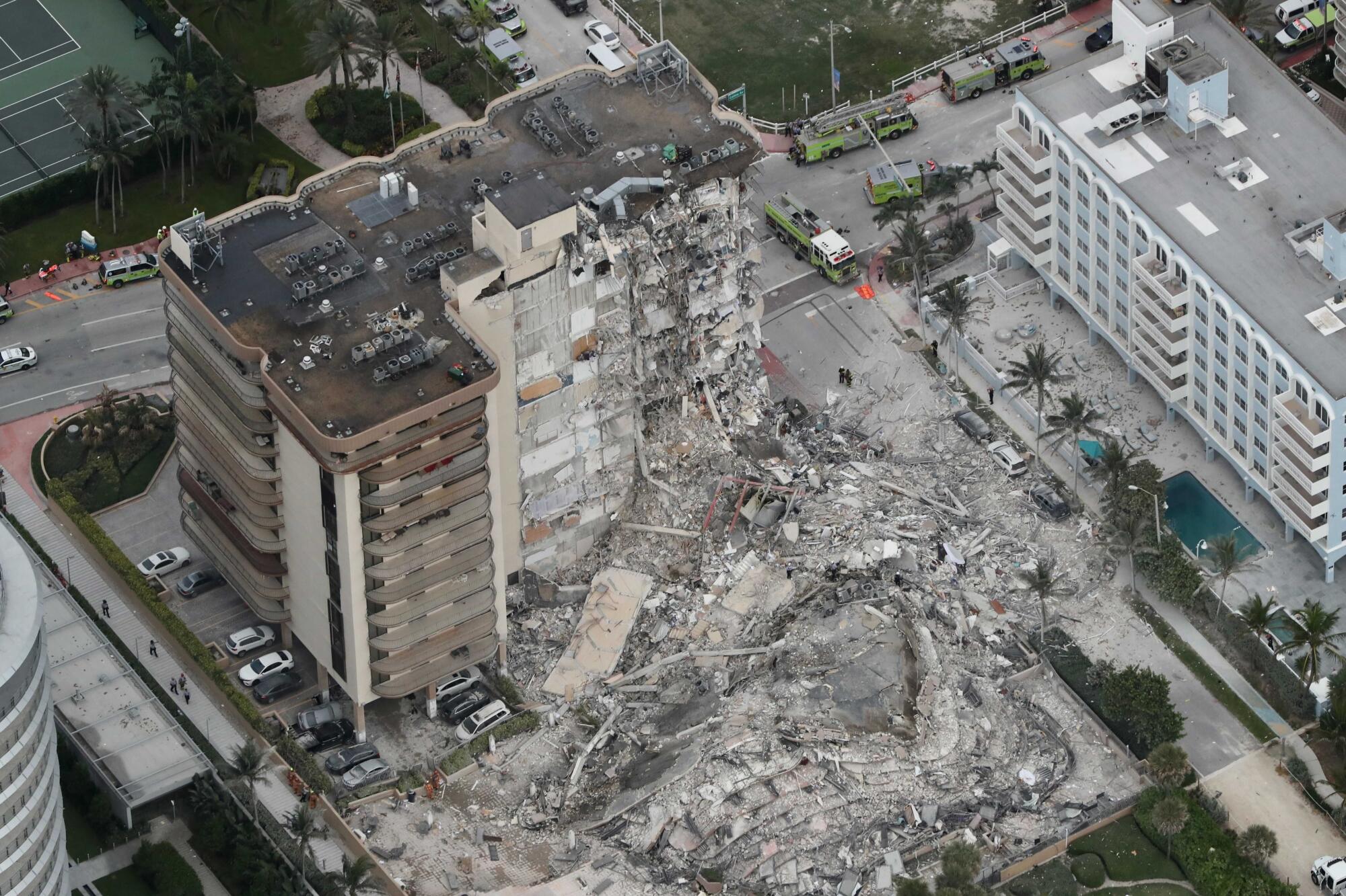 An aerial photo shows part of the Champlain Towers South condo collapse