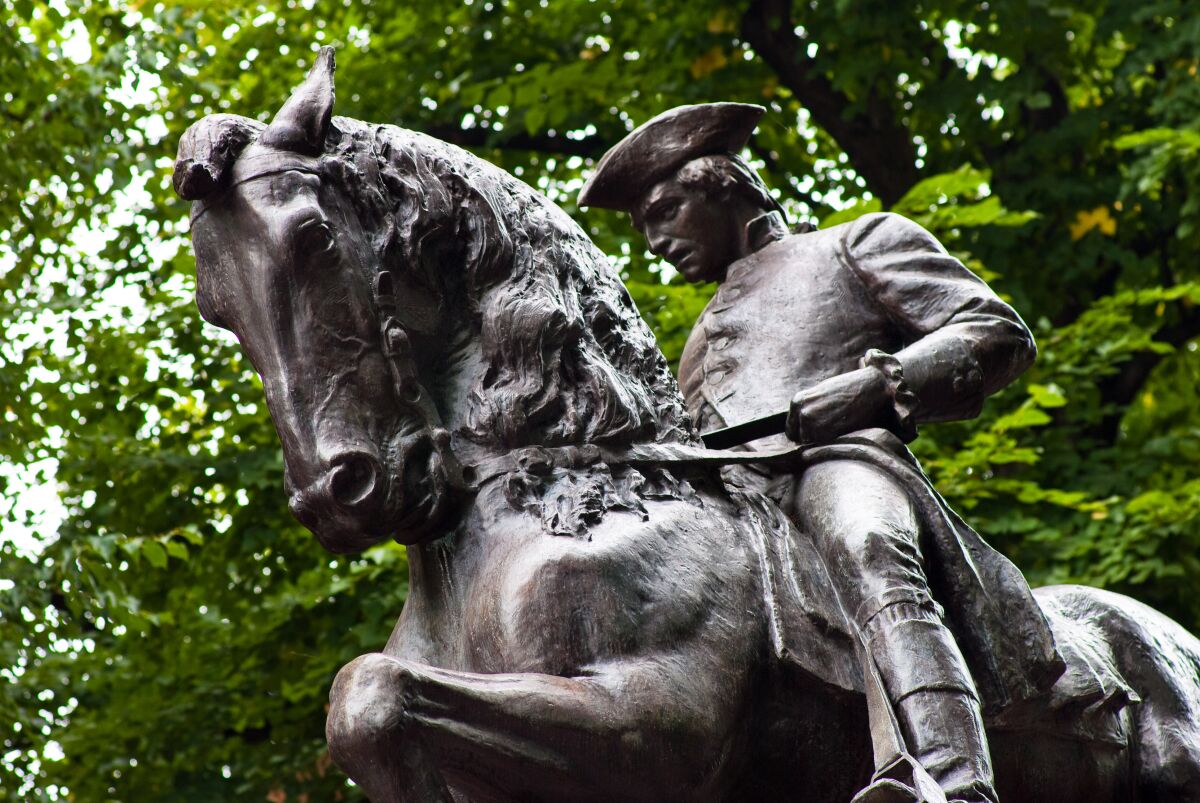 "The Paul Revere statue in North End Boston, MA, sculpted by Cyrus Dallin and unvieled on September 22, 1940."