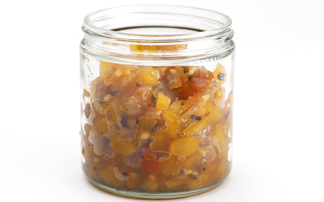 Mezcal adds an earthy, smoky tinge to tropically sweet pineapple in this chutney perfumed with whole vanilla bean pod.