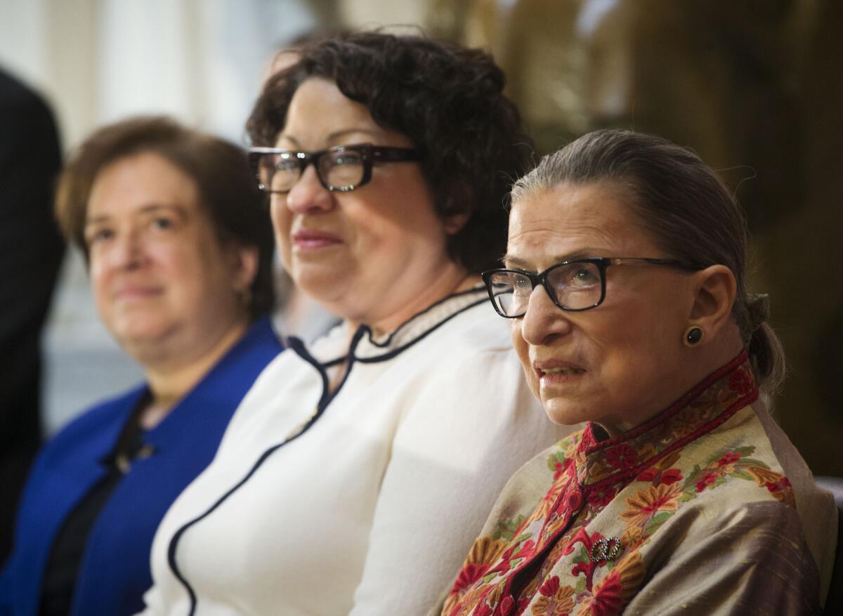 Not always a united pro-consumer bloc: Supreme Court Justices Elena Kagan, from left, Sonia Sotomayor and Ruth Bader Ginsburg split in a key healthcare case this week, with Kagan siding with the majority to strike down a state effort to make prices more transparent.