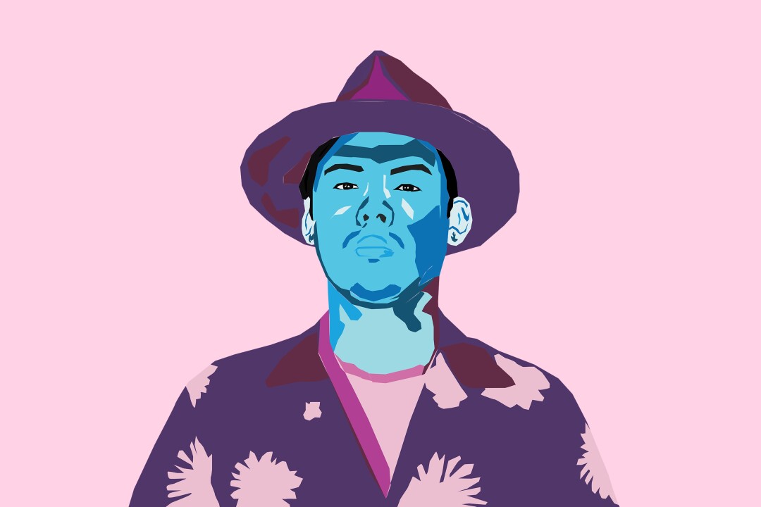Illustration of a man in a fedora and bold-patterned jacket