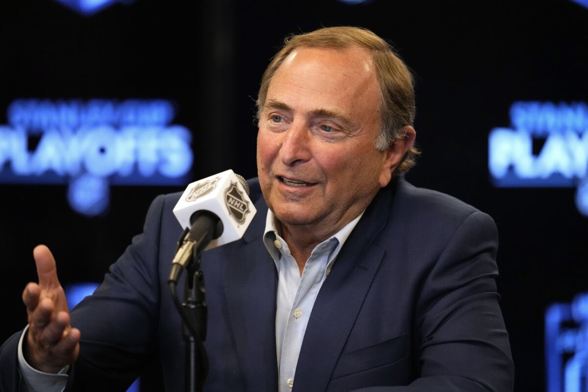 NHL Commissioner Gary Bettman speaks during a news conference ahead of the 2022 Stanley Cup Final in May.