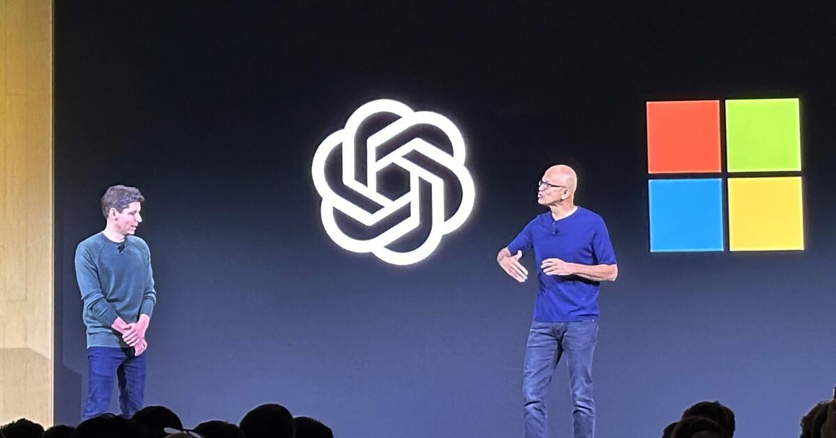 File - OpenAI CEO Sam Altman, left, appears onstage with Microsoft CEO Satya Nadella at OpenAI's first developer conference, on Nov. 6, 2023, in San Francisco. Negotiators will meet this week to hammer out details of European Union artificial intelligence rules but the process has been bogged down by a simmering last-minute battle over how to govern systems that underpin general purpose AI services like OpenAI's ChatGPT and Google's Bard chatbot. (AP Photo/Barbara Ortutay, File)