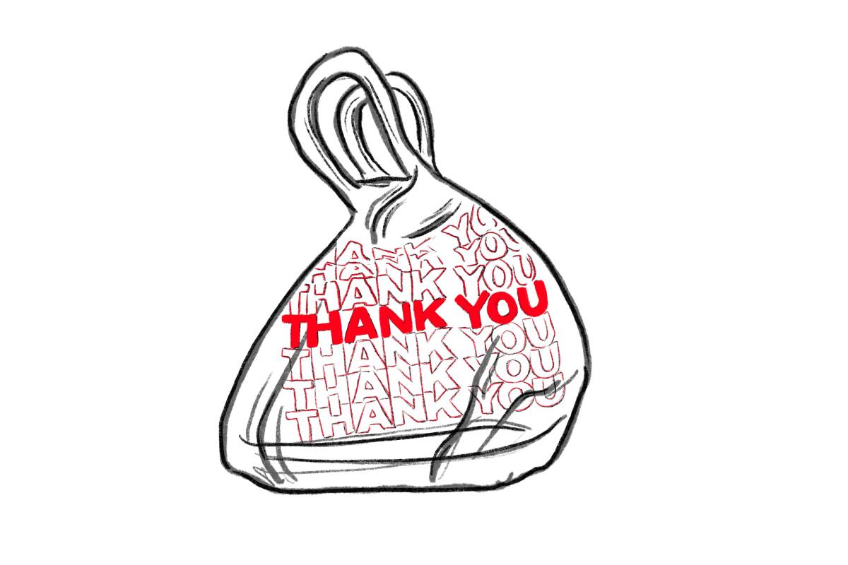 Illustration of a plastic takeout bag with the words "thank you" on it