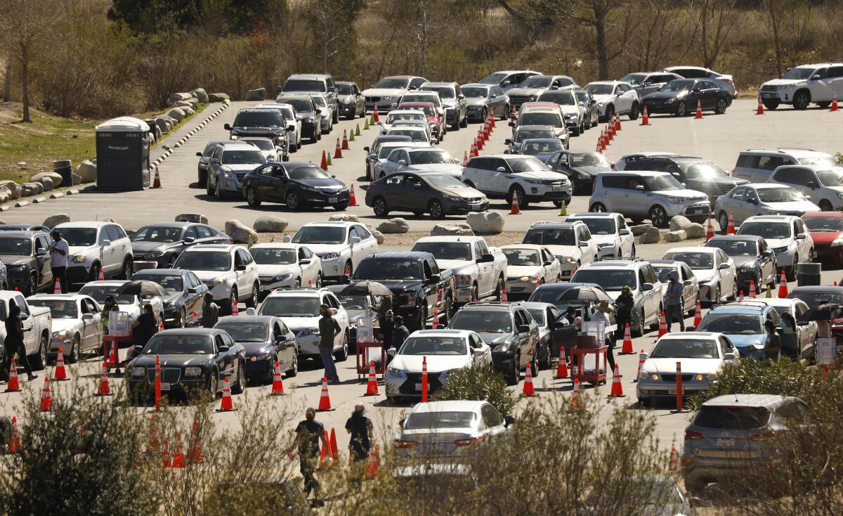 Cars line up at mass vaccination site. 