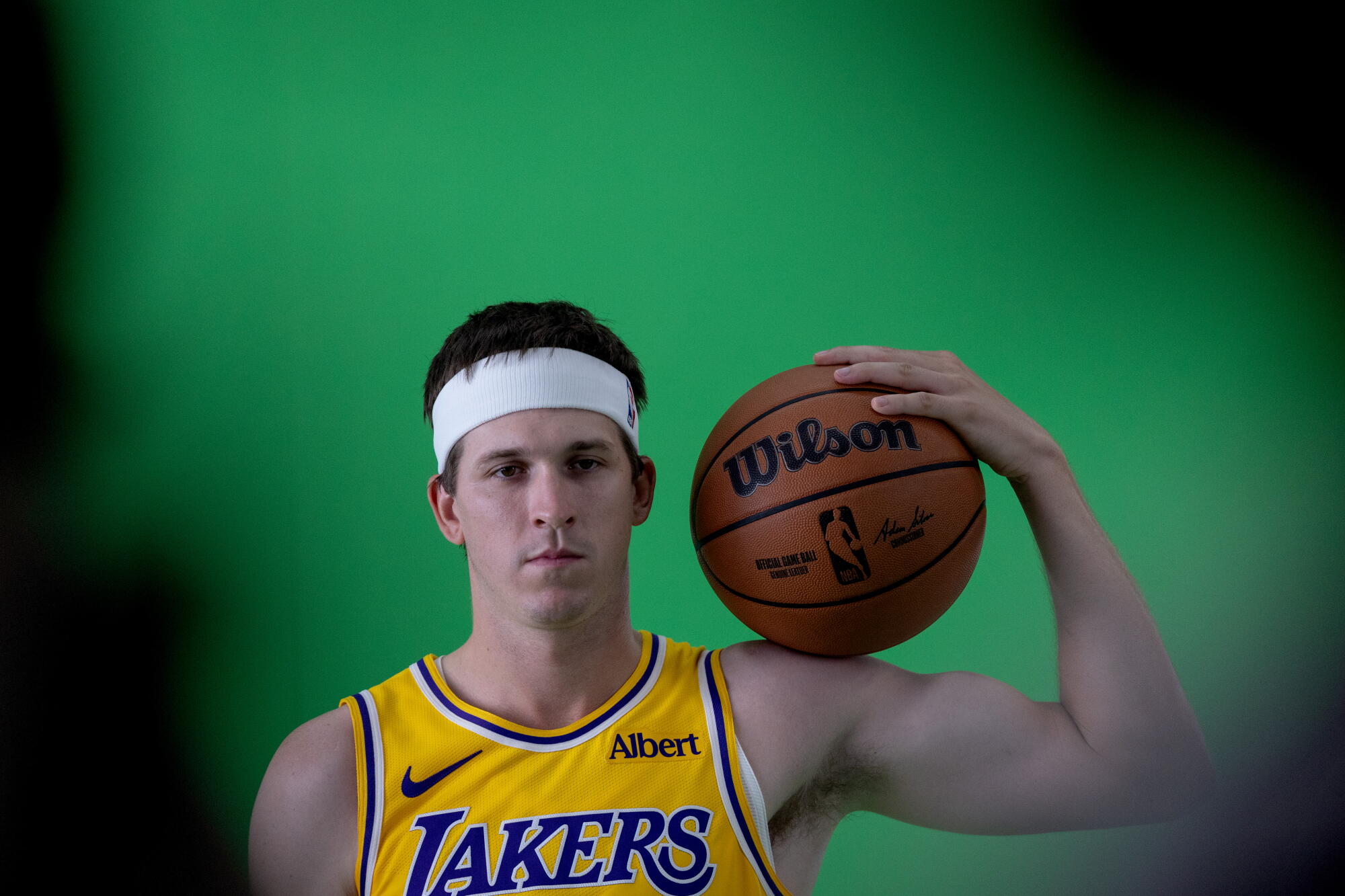 Austin Reaves in a Lakers jersey at 2026 media day