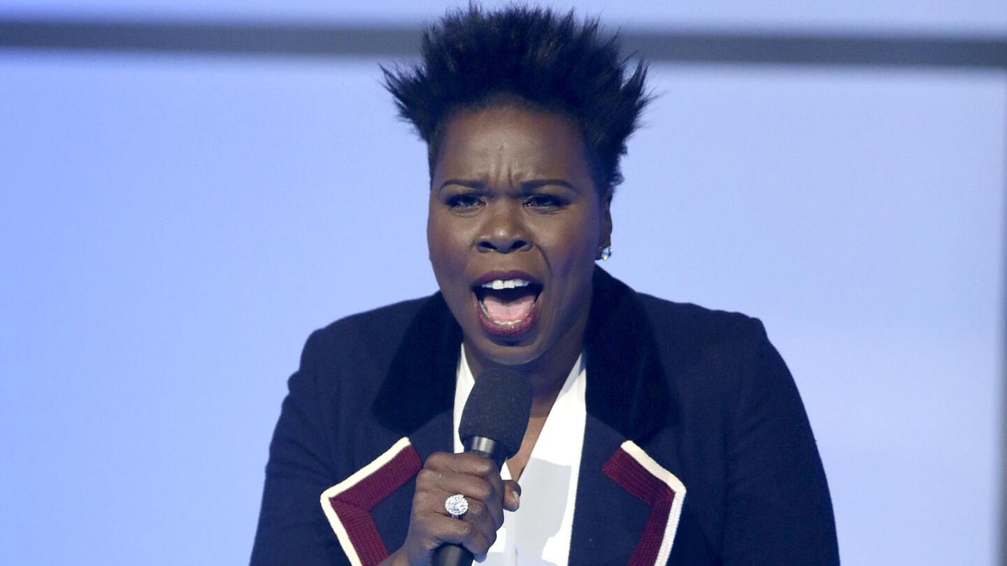 Host Leslie Jones speaks at the BET Awards at the Microsoft Theater in Los Angeles.