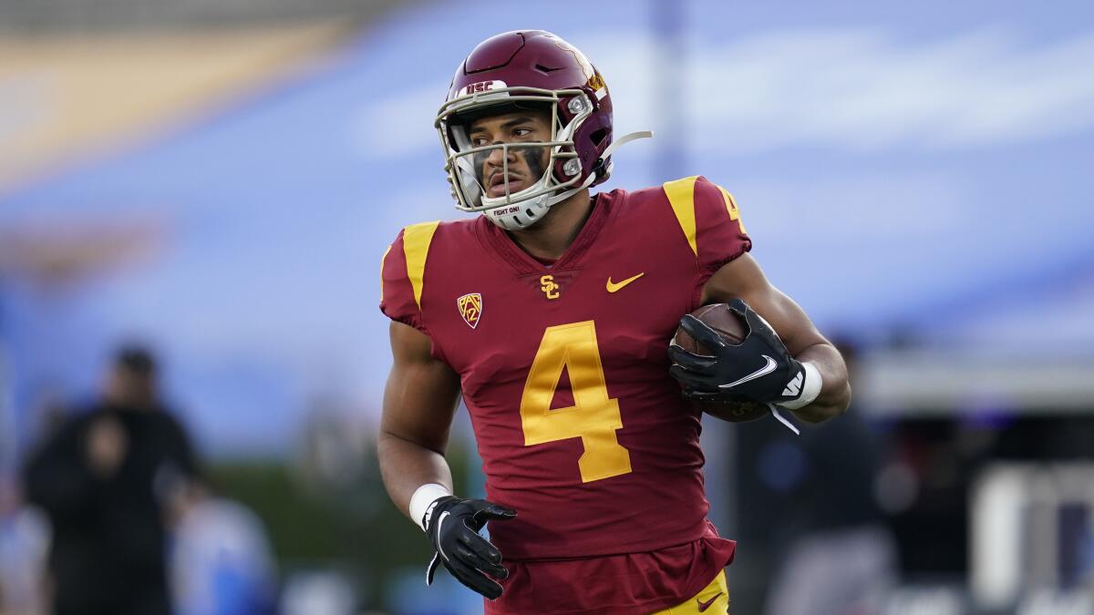 USC receiver Bru McCoy warms up before a football game against UCLA on Dec 12, 2020