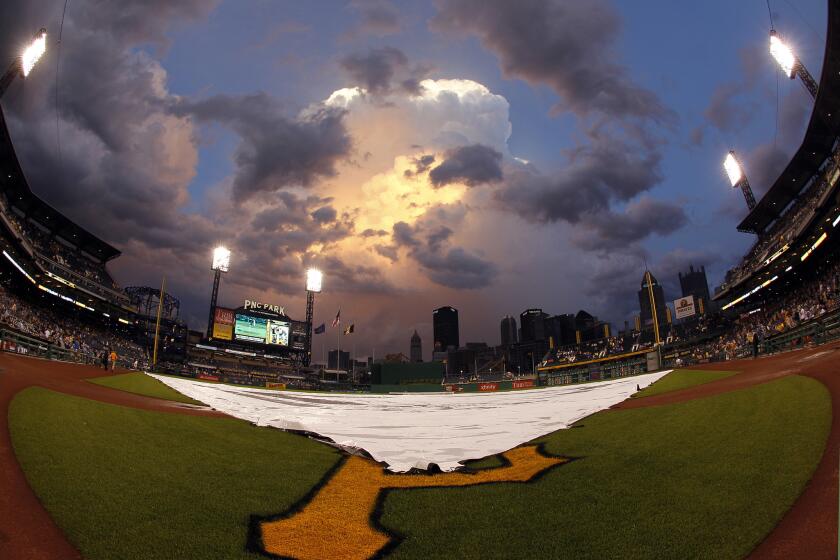 A general view of PNC Park during a rain delay.