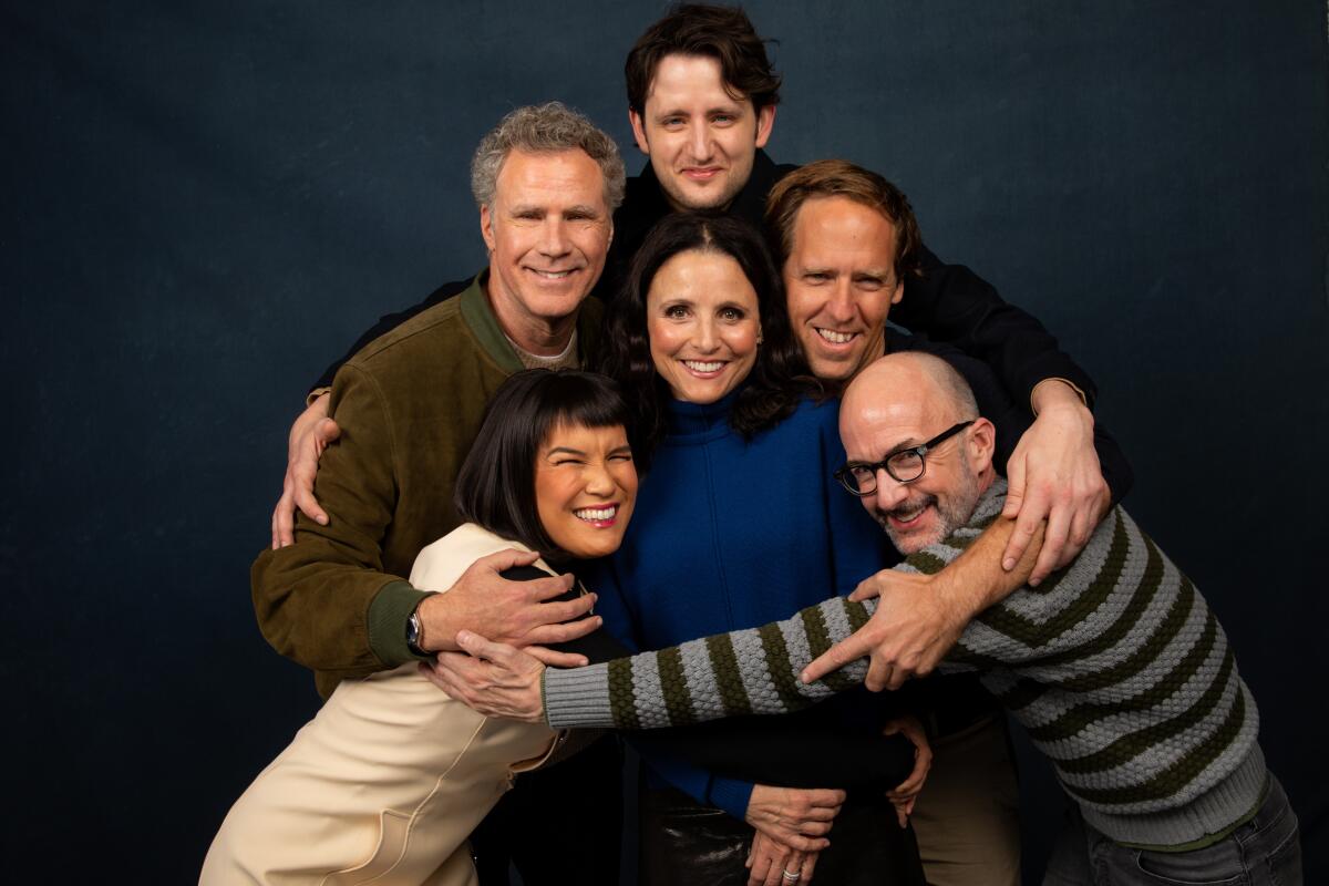 Zoe Chao, clockwise from bottom left, Will Ferrell, Zach Woods, directors Nat Faxon and Jim Rash, and Julia Louis-Dreyfus of 'Downhill' at the Sundance Film Festival.