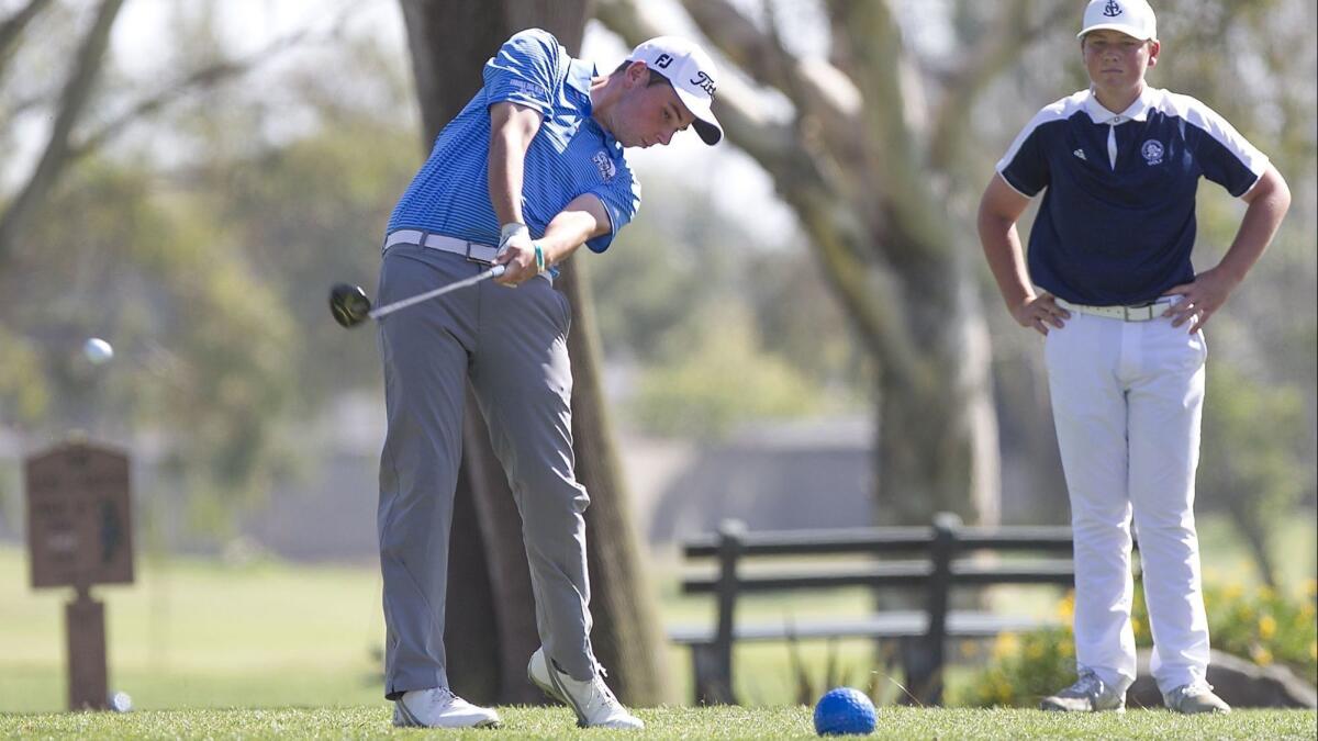 Guy Clauss, shown teeing off on April 5, 2017, led Corona del Mar High to the CIF Southern Section South Coast Division Team title on Tuesday.