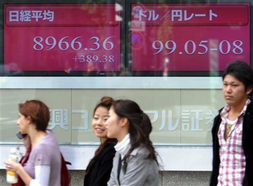 Pedestrians pass by an electric market prices board in Tokyo Tuesday, Nov. 4, 2008. Japan's benchmark stock index soars 5 percent in early trade. (AP Photo/Katsumi Kasahara)