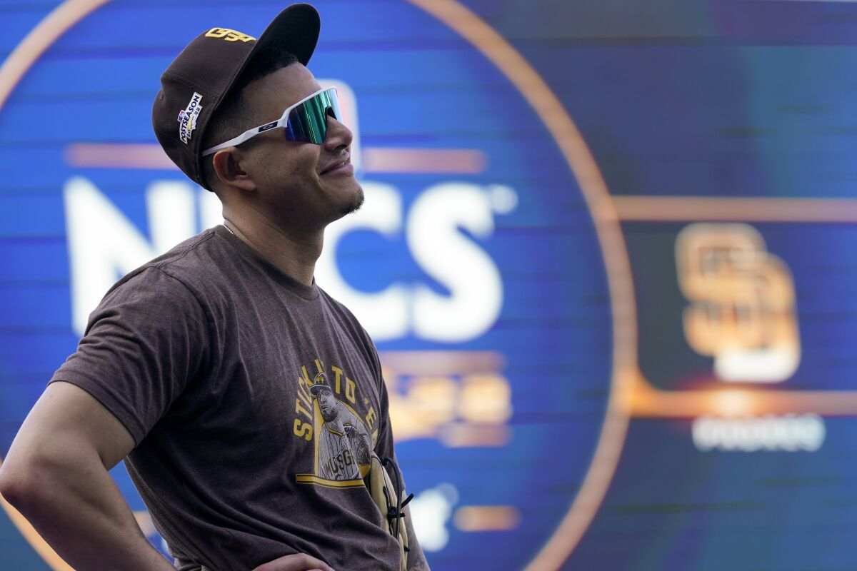 San Diego Padres third baseman Manny Machado smiles before Game 1 of the NLCS in October.