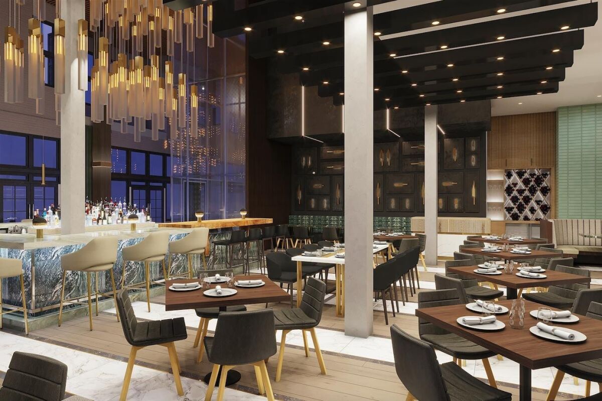 An artist's rendering of San Diego's RMD Group's Huntress, a "sophisticated steakhouse and whisky society" venue opening in the former Grand Pacific Hotel building in the spring. It's one of the most anticipated new San Diego County restaurant projects of 2019.