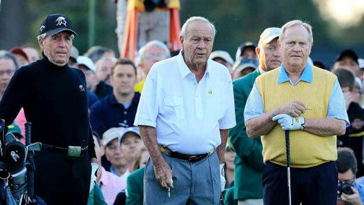 Arnold Palmer, center, is joined by Gary Player, left, and Jack Nicklaus on the first tee at Augusta National for the 2012 Master.