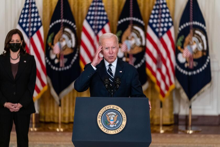 WASHINGTON, DC - OCTOBER 28: President Joe Biden delivers remarks on his "Build Back Better" agenda from the East Room of the White House after meeting with members of the House Democratic Caucus at the U.S. Capitol earlier in the day on Thursday, Oct. 28, 2021 in Washington, DC. (Kent Nishimura / Los Angeles Times)