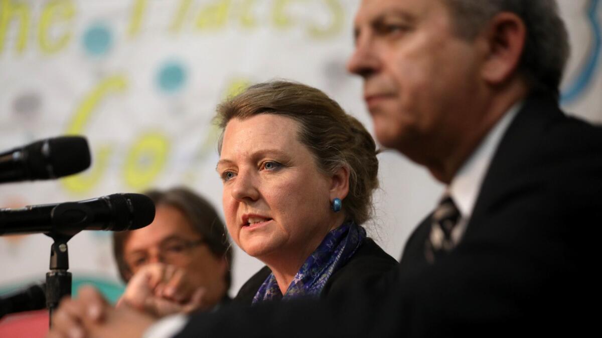 California Department of Toxic Substances Control Director Barbara Lee, center, at a legislative oversight hearing about the Exide cleanup at Resurrection Catholic Church in Boyle Heights on Aug. 9.