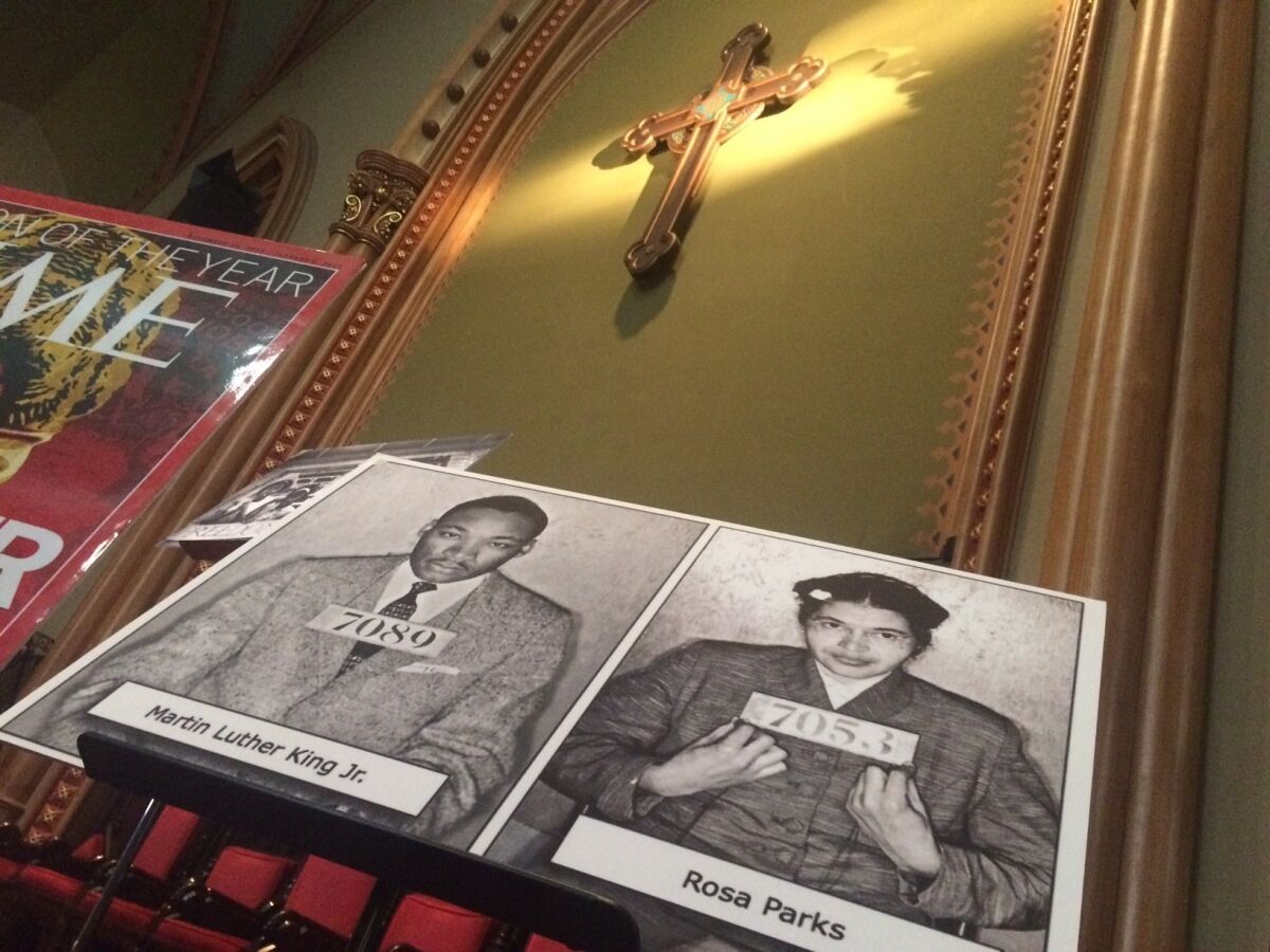 Mugshots of Martin Luther King Jr. and Rosa Parks at Arch Street United Methodist Church in Philadelphia (Matt Pearce / Los Angeles Times)
