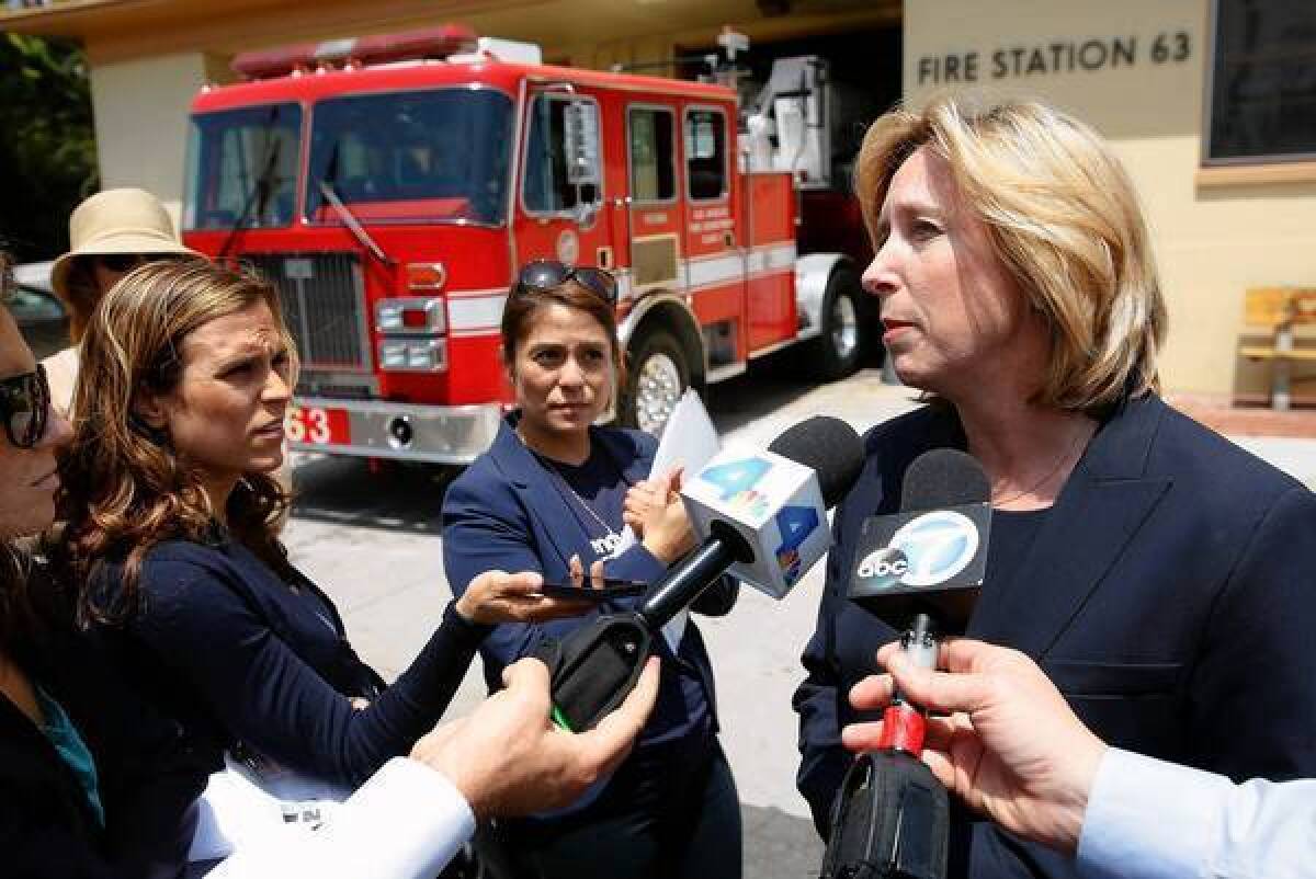 Wendy Greuel addresses the media outside a fire station in Venice last month.