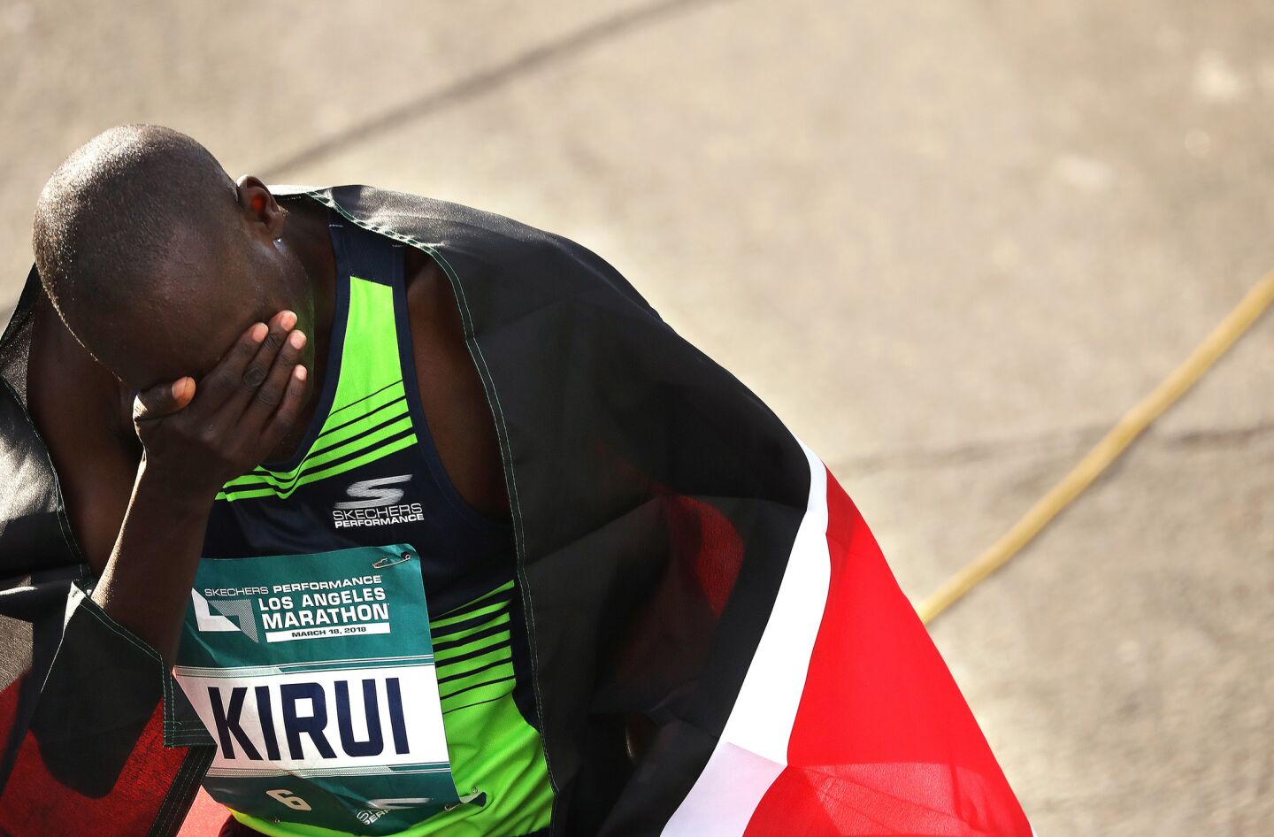 Kenya's Weldon Kirui finishes first in L.A. Marathon on Sunday.