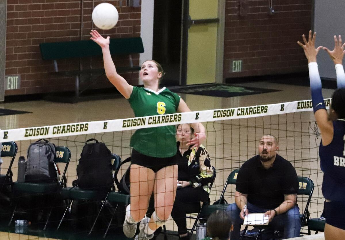 Edison's Adia MCcown (6) spikes the ball against Vista Murrieta on Saturday.