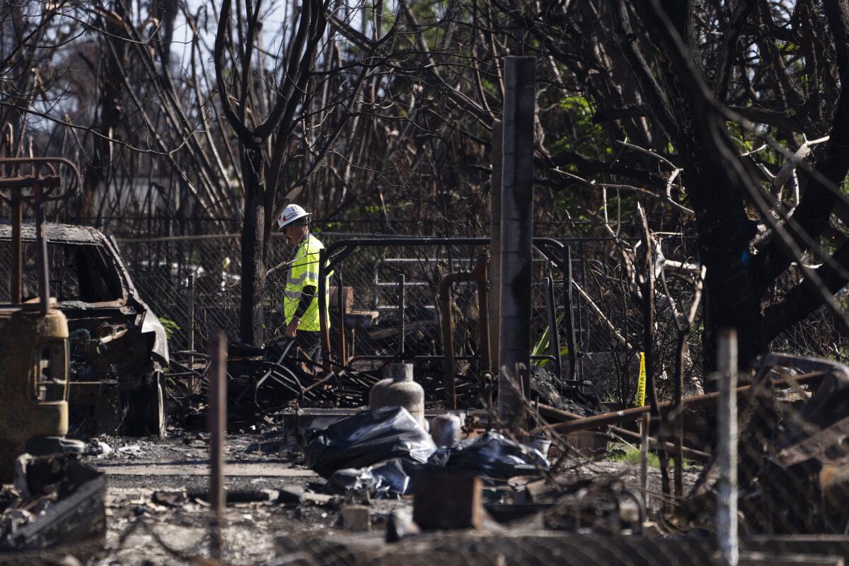 A worker walks through a destroyed property in Lahaina, Hawaii. 